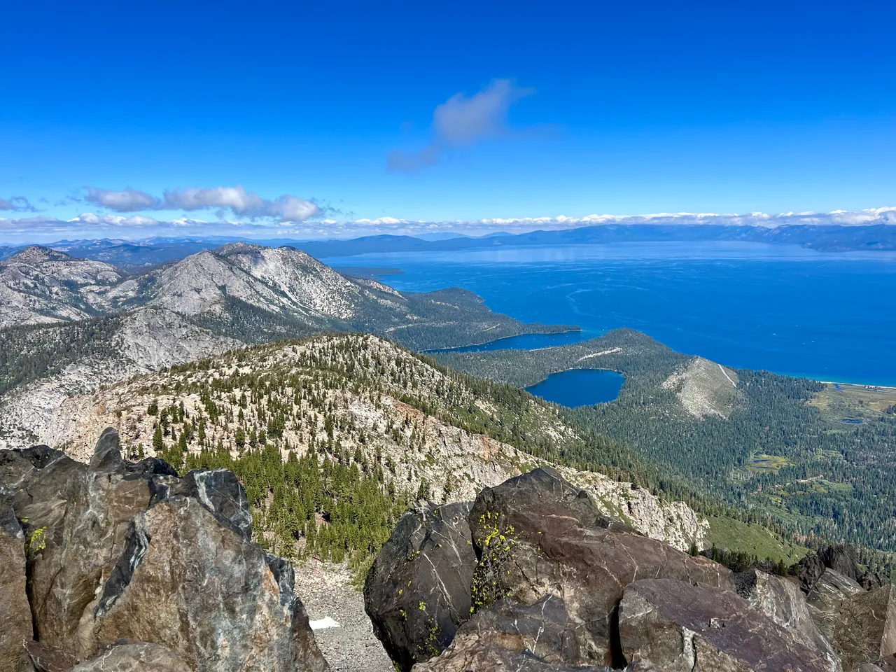 Rocky mountain ridges overlooking Lake Tahoe and smaller lakes