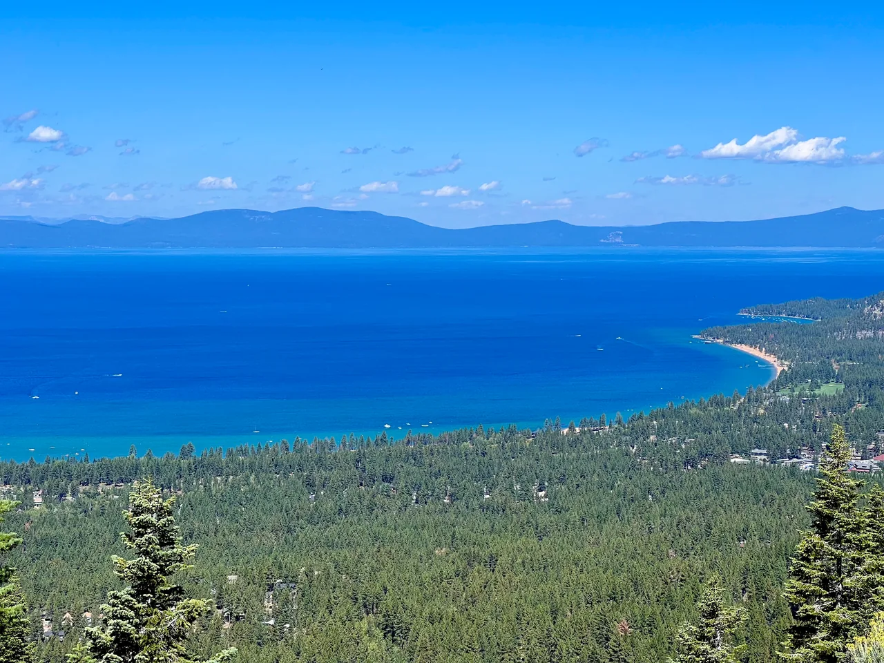 Blue lake curving around a forested shoreline with mountains in the distance