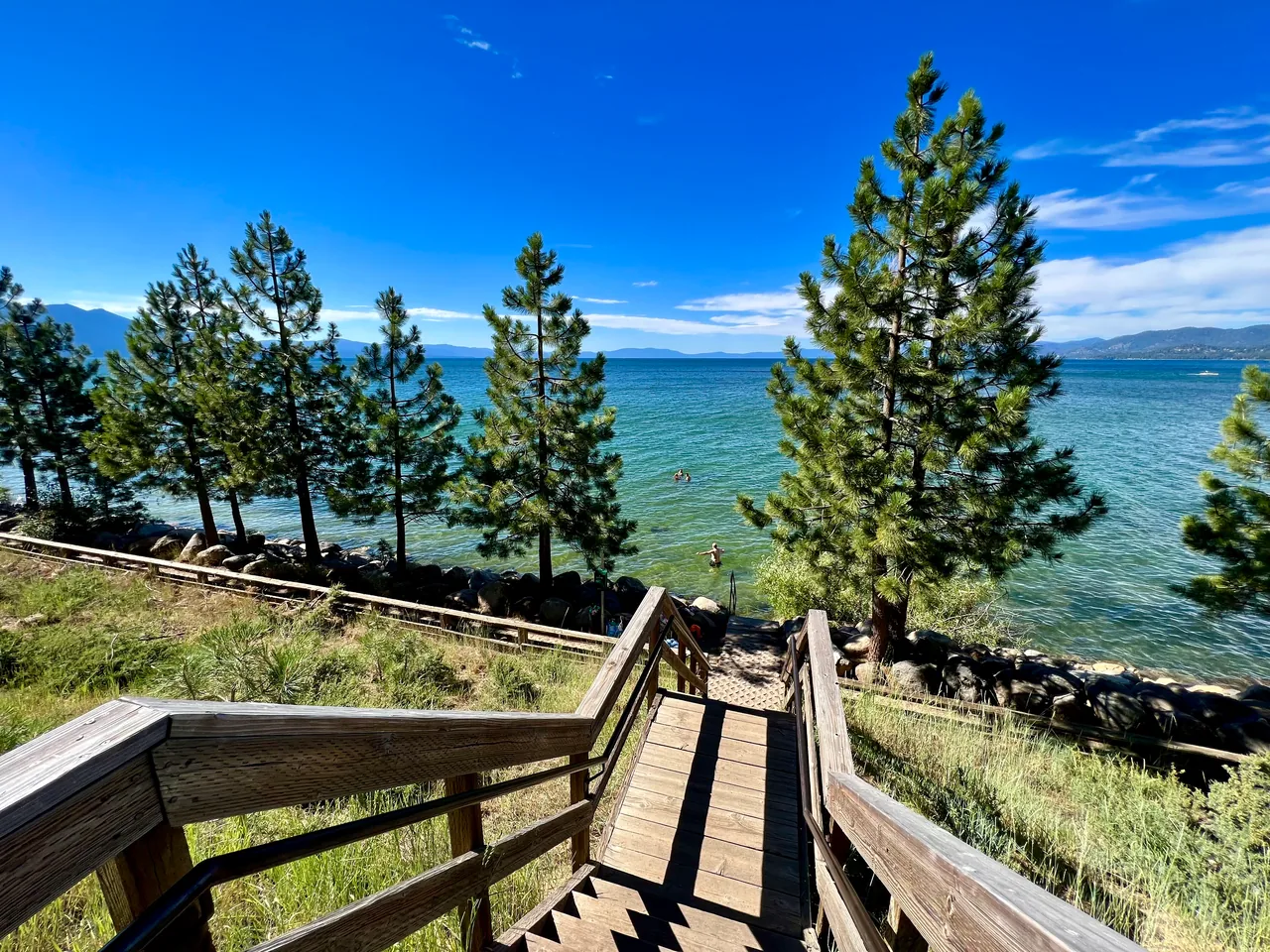 Wooden steps descending between pine trees toward blue lake water